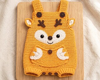 Molde de crochê para macacão Little Fawn em PDF, roupa de bebê com tema de floresta, tamanhos RN-12 M (Download digital)