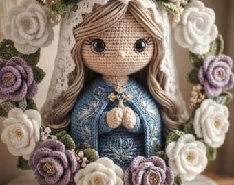 Our Lady of Grace Crochet Doll Pattern | Amigurumi Virgin Mary, Floral Wreath DIY (PDF)
