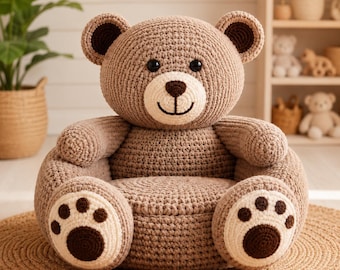 Molde de cadeira de ursinho de pelúcia em crochê, assento infantil em amigurumi, decoração para quarto de bebê (download em PDF)