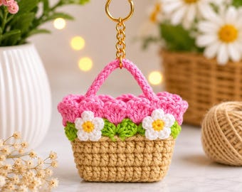 Molde para chaveiro de mini cesta de crochê, pingente de bolsa com flor de margarida (download em PDF)