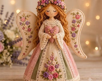 Molde para boneca anjo Whispering Petals | Asas florais bordadas em PDF (Download digital)