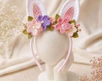 Padrão de tiara de orelhas de coelho de crochê, coroa de flores para cosplay (faça você mesmo) (Download em PDF)