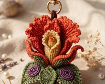 Patrón de llavero de flor de ganchillo / Adorno floral para bolso con cuentas (Descarga en PDF)