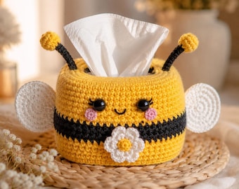Patrón de funda para caja de pañuelos de ganchillo con diseño de abeja, funda amigurumi, decoración para el hogar con flores de margarita (descarga en PDF)