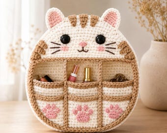 Crochet Cat Organizer Basket Pattern, Paws Pockets Storage, Desk Craft (PDF Download)