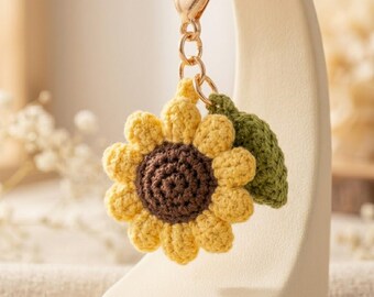 Padrão de crochê de girassol com pétalas douradas (PDF), enfeite de bolsa em forma de flor, tutorial de amigurumi