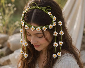Padrão de faixa de cabelo Daisy Meadow em crochê, tutorial com franjas florais boho (download em PDF)