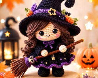Padrão de crochê da Bruxa Hazel, Boneca Amigurumi, Decoração Assustadora de Outono (Download em PDF)