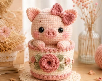 Crochet Piglet Flower Basket Pattern, Amigurumi Pig PDF, Nursery Decor (Digital Download)