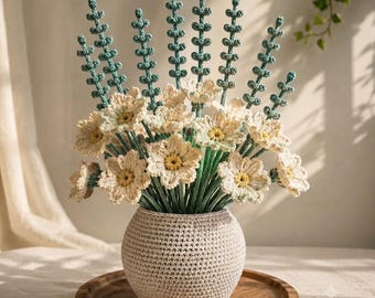 Patrón de ramo de ganchillo en PDF, flores de margarita y lavanda, jarrón para decoración del hogar (descarga digital)