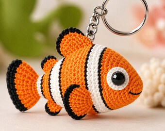 Padrão de chaveiro de peixe-palhaço em crochê, peixe amigurumi, animal marinho faça você mesmo (download em PDF)