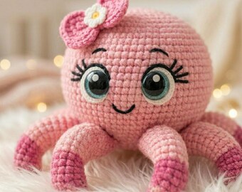 Padrão de crochê em PDF de polvo com pétalas de rosa, brinquedo amigurumi de laço de margarida (download digital)