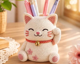 Maneki Neko Crochet Pen Holder Pattern, Lucky Cat Amigurumi Desk Organizer (PDF Download)