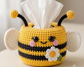 Molde de crochê para capa de caixa de lenços de papel em formato de abelha, porta-lenços de amigurumi, enfeite de margarida (download em PDF)