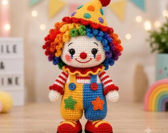 Patrón de ganchillo para payaso arcoíris "Giggles", tutorial de muñeco amigurumi, juguete de circo (descarga en PDF)