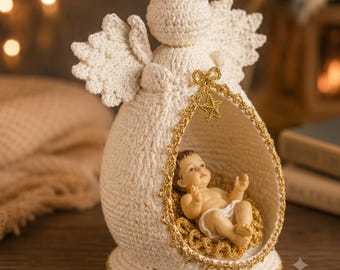 Padrão de Presépio de Anjo da Guarda em Crochê, Berço do Menino Jesus em Amigurumi (Download em PDF)