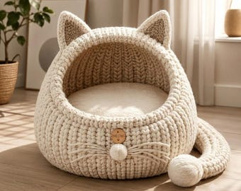 Padrão de cama de crochê para gatos, tutorial de casinha aconchegante para gatos (download em PDF)