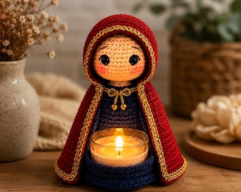 Padrão de crochê Nossa Senhora da Luz, decoração de castiçal em amigurumi (padrão em PDF)