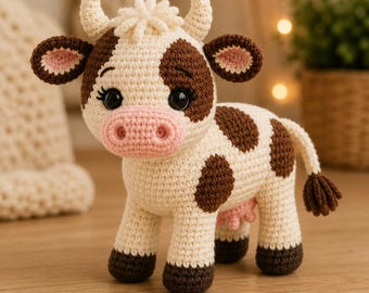 Padrão de crochê em PDF do Bramble, o Bezerro, Brinquedo Amigurumi de Vaca Pintada, Faça Você Mesmo um Bichinho de Pelúcia de Fazenda