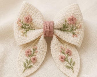 Molde de laço de crochê bordado, presilha de cabelo floral, acessório artesanal DIY (download em PDF)