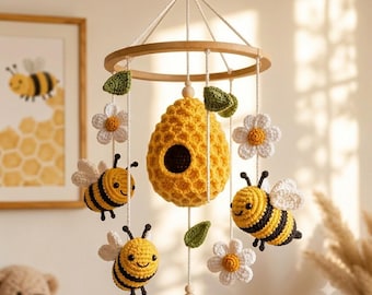 Padrão de crochê para móbile de abelha para berçário, colmeia em favo de mel, flores de margarida, decoração em amigurumi (padrão em PDF)