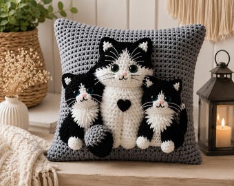 Drie kleine smokings gehaakt kussenslooppatroon, kattenkussendecor (pdf-download)