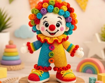 Molde de crochê da Rosie Rainbow Clown, boneca amigurumi em PDF, brinquedo de circo, pelúcia para fazer você mesmo (download instantâneo)