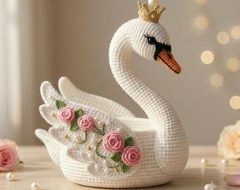 Padrão de crochê para a Princesa Cisne, Cisne Amigurumi com Rosas e Coroa (Download em PDF)