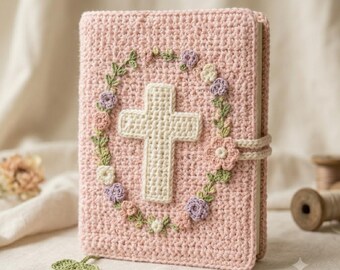 Molde de crochê para capa de Bíblia com cruz floral, aplique de guirlanda, lembrança de fé (download em PDF)