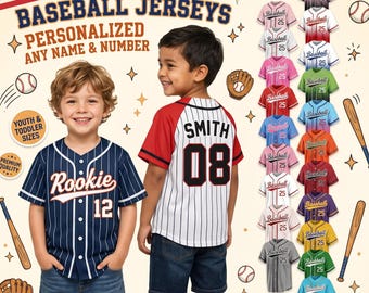 Op maat gemaakt honkbalshirt met krijtstreep, gepersonaliseerd teamnaam en -nummer, honkbalshirt op maat voor kinderen en peuters, sportkleding op maat voor elk team.