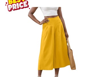 Jupe-culotte large en coton et lin pour femme Pantalon palazzo court taille élastique pantalon décontracté avec poches