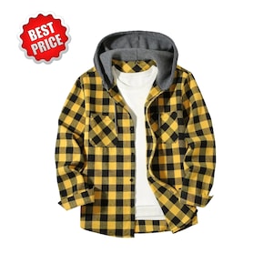 May include: A long-sleeve button-up shirt featuring a yellow and black plaid pattern, a grey hood, and a white undershirt layer. The garment includes a chest pocket on the left side and a red badge in the upper corner with the text BEST PRICE.