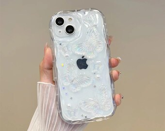 3D Butterfly Glitter iPhone Case Pearl Accents Clear Bling Cover for iPhone X-15 Pro Max