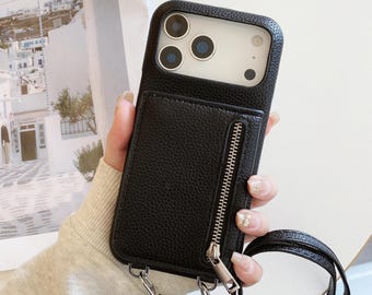Crossbody Wallet iPhone Case with Mirror, Zipper Pocket, Card Holder Lanyard