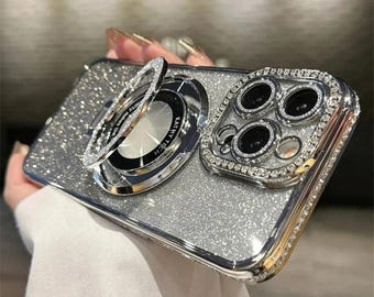 Glitter MagSafe iPhone Case Ring Stand, Shockproof Diamond Cover for iPhone 11-17 Pro Max Air