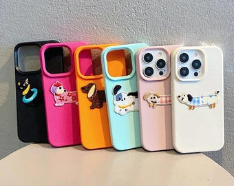 3D Embroidered Dog iPhone Case: Korean Cartoon Puppy Cover for iPhone 11-17 Series