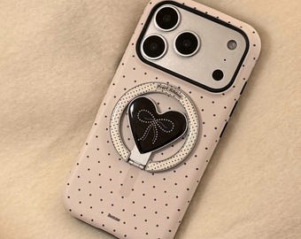 Korean Polka Dot Heart iPhone Case Magnetic Stand Shockproof Hard Cover (iPhone 11-17 Series)