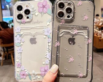 Floral Card Holder iPhone Case: Transparent Silicone Wallet Cover (iPhone 7-15 Pro Max)