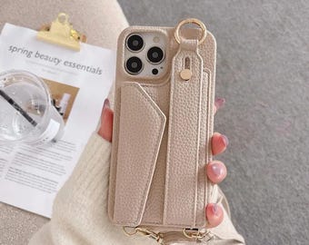 Leather Crossbody Wallet iPhone Case Card Holder Wrist Strap for iPhone 11-16 Pro Max Plus