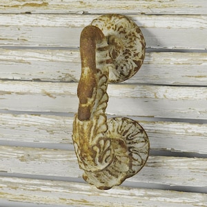 May include: A metal door knocker featuring a swan-shaped design with a distressed white and brown rust-colored finish. The piece includes two circular mounting plates with decorative scalloped edges and a curved neck forming the handle.