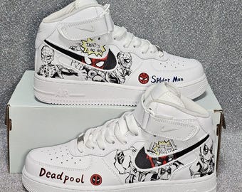 Individuell handbemalte Spider-Man Deadpool Mid Air Force 1, Marvel Dual Superhero Comic Mid Top AF1 Sneakers, Schuhe mit handgezeichnetem Namen