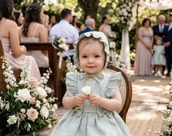 Abito da bambina in lino stile boho con cappellino, completo da damigella d'onore verde salvia con volant