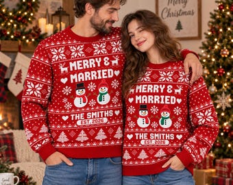 Gepersonaliseerde Merry and Married kersttrui, met aangepaste achternaam en jaartal, bijpassende feestelijke trui voor pasgetrouwden, kerstcadeau voor pasgetrouwden