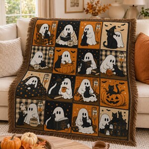 Black Cat Halloween Woven Throw Blanket, Cute Ghost Patchwork Throw, Pumpkin Spice Fall Blanket, Spooky Autumn Home Decor, Cozy Blanket