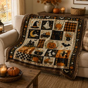 Tkany koc na Halloween, patchworkowy koc z dyniowym duchem w stylu vintage, koc z czarną czarownicą, upiorny jesienny wystrój, przytulny prezent na Halloween