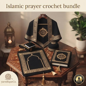 May include: An Islamic prayer crochet bundle featuring a black and gold prayer mat, a matching kufi cap, a book cover with Arabic calligraphy, and a small Kaaba-shaped item. The set includes a black and gold shawl hanging on a wooden hanger.