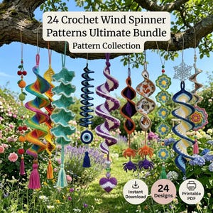 May include: A collection of 24 crochet wind spinner patterns displayed as hanging ornaments. The items feature various shapes, including spirals, flowers, and fruit motifs in vibrant colors like rainbow, blue, purple, and orange, with tassels.
