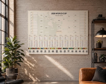 May include: A large rectangular wall poster titled 2026 WORLD CUP featuring a tournament bracket, group stage standings, and stadium icons. The off-white chart displays a world map background with detailed match schedules and team information.