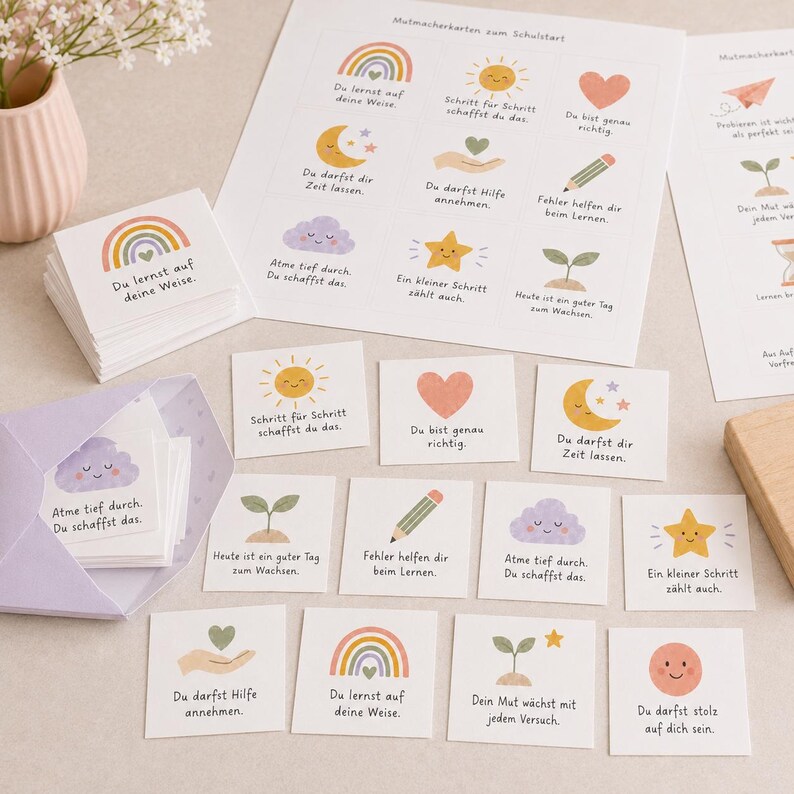 May include: A set of square cards featuring pastel illustrations of rainbows, suns, hearts, moons, clouds, stars, pencils, and sprouts. Each card includes German text such as Du lernst auf deine Weise, Schritt f&uuml;r Schritt schaffst du das, and Du bist genau richtig. The cards are displayed on a sheet and in a light purple envelope.