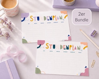 May include: Two rectangular paper weekly planners featuring the German text STUNDENPLAN in colorful, playful lettering. The grid layout includes columns for days of the week and rows for time slots, decorated with abstract shapes in pastel and bold colors.